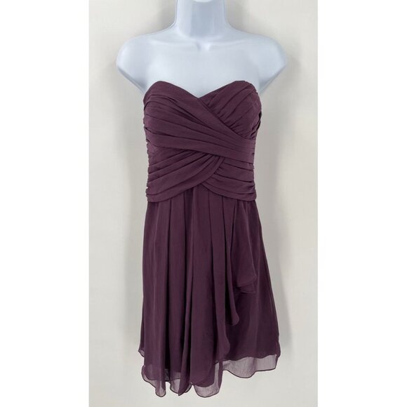 Davids Bridal Short Crinkle Chiffon Dress with Front Cascade Size 8 Plum - Picture 1 of 13